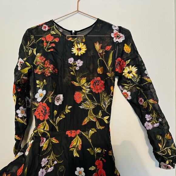 OSCAR DE LA RENTA Black Floral Hand Embroidered Tulle Beaded Midi Dress Size 6 - Picture 12 of 13